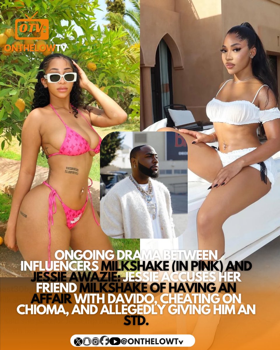 wadeonthelow_'s tweet image. Ongoing drama between influencers Milkshake (in pink) and Jessie Awazie: Jessie accuses her friend Milkshake of having an affair with Davido, cheating on Chioma, and allegedly giving him an STD.
