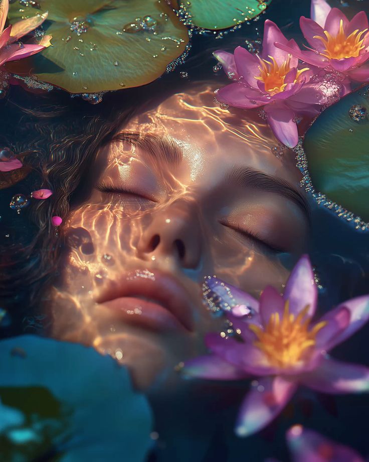 Floating in a dream of petals and sparkling reflections #wallpaper #4k #digitalart