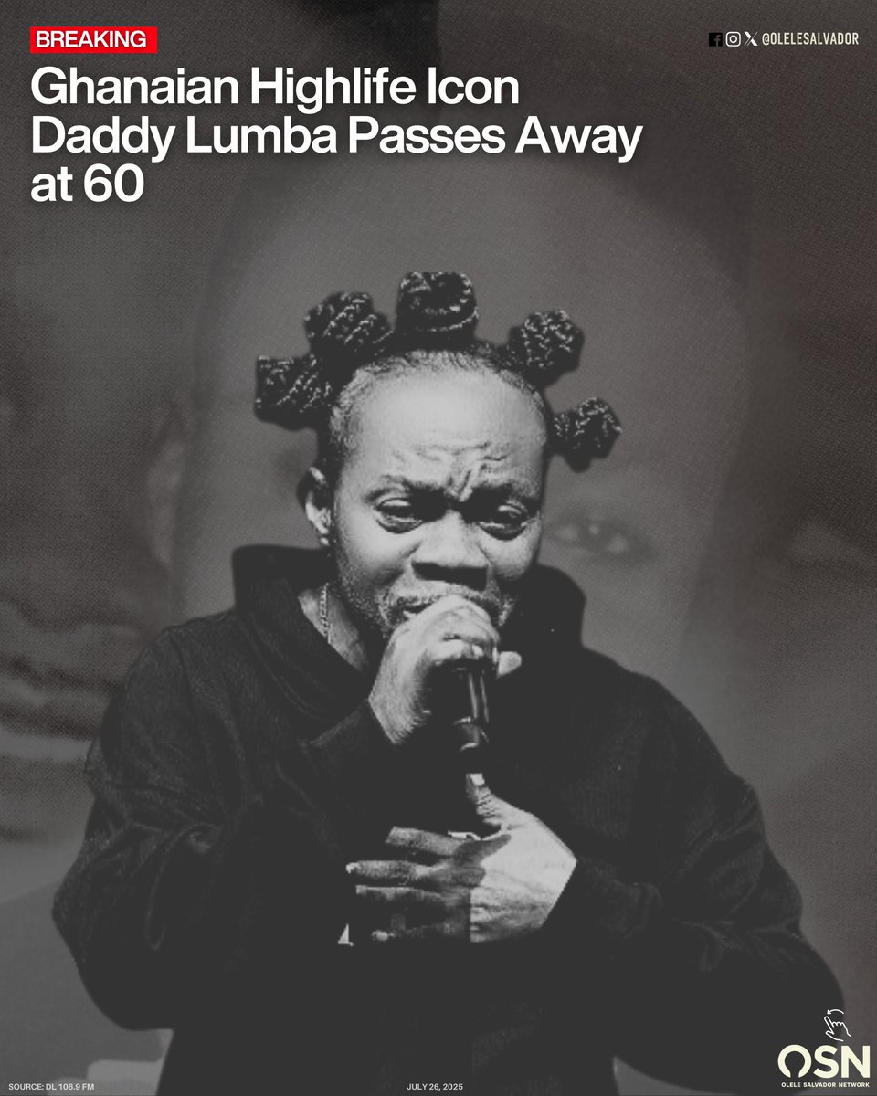 🚨BREAKING🇬🇭🎶🕊️: Ghanaian highlife icon Charles Kojo Fosu, popularly known as Daddy Lumba, has died at age 60. 

The legendary musician passed away in the early hours of Saturday, July 26, 2025, at the Bank Hospital in Cantonments, Accra.

1/2