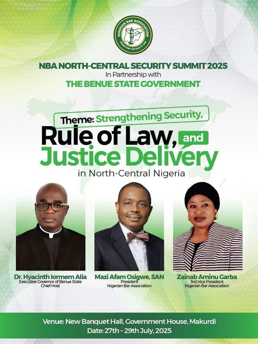 Etaba_agbor's tweet image. “NBA North-Central Security Summit 2025 – Attend Free & Earn 2 CPD Points!”
Dear Colleagues,
The Nigerian Bar Association @NigBarAssoc, under the visionary leadership of Mazi Afam Osigwe, SAN @afamosigwe, remains committed not only to the promotion of the rule of law but also…