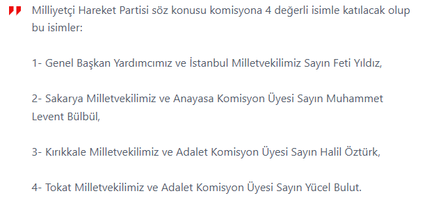 MHP lideri Devlet Bahçeli, Terörsüz Türkiye süreci için Milli Birlik ve Dayanışma Komisyonu'nda partisinden yer alacak 4 ismi açıkladı:
1) Feti Yıldız
2) Muhammed Levent Bülbül
3) Halil Öztürk
4) Yücel Bulut