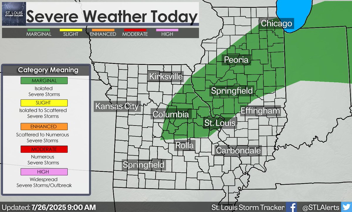 Isolated to scattered thunderstorms are expected across the region this afternoon through the early evening hours where some of the storms could become strong to severe. 

The Storm Prediction Center has a Marginal Risk (Level 1/5) in place from St. Louis and areas off to the