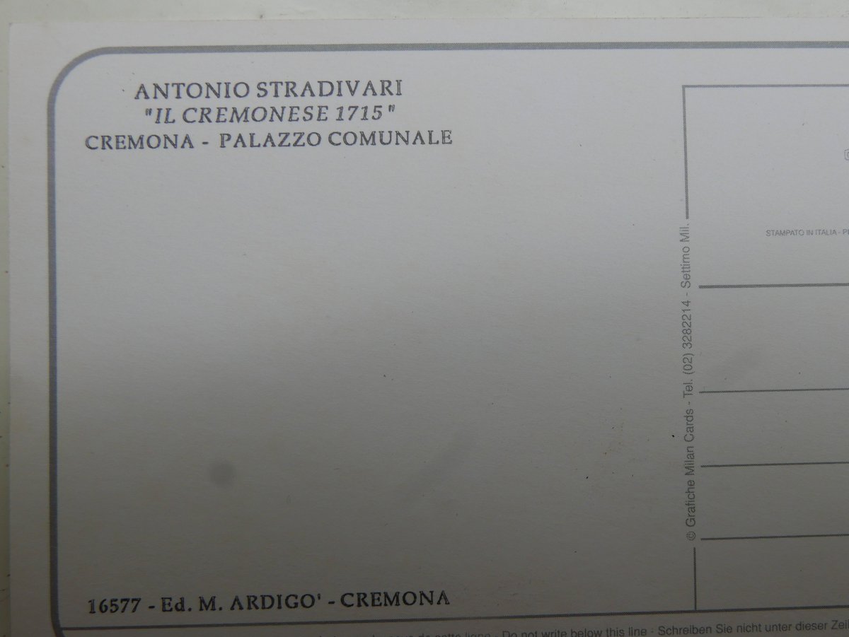 A postcard from the 1980s:

Greetings from Cremona and from 'Il Cremonese 1715".

<a href="/museodelviolino/">Museo del Violino</a> <a href="/laprovinciacr/">Provincia di Cremona</a> #violino #violin #Stradivari