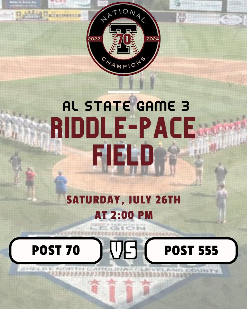 Post70Baseball's tweet image. Welcome to Saturday...

⚾️ AL Legion State G3
🆚 Shelby County Post 555
🕑 2 p.m. CT   
📍 Riddle-Pace Field | Troy U
📺 JockJive.com
📊 GameChanger: Troy Post 70

#70boys