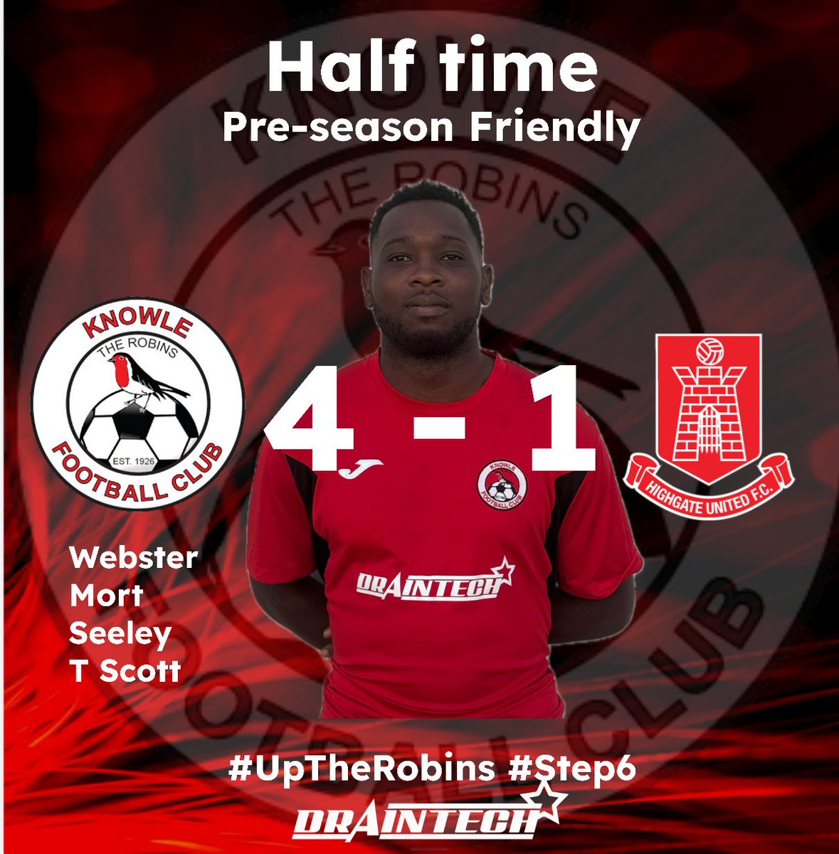 Knowle_FC's tweet image. ⏸️ Half-Time | Pre-Season Friendly
Knowle FC 4-1 @HighgateUnited
A strong opening 45 from The Robins, with goals from Mark Webster, Connor Mort (pen), George Seeley and Toby Scott giving us a deserved lead at the break 💪
#UpTheRobins | #Step6