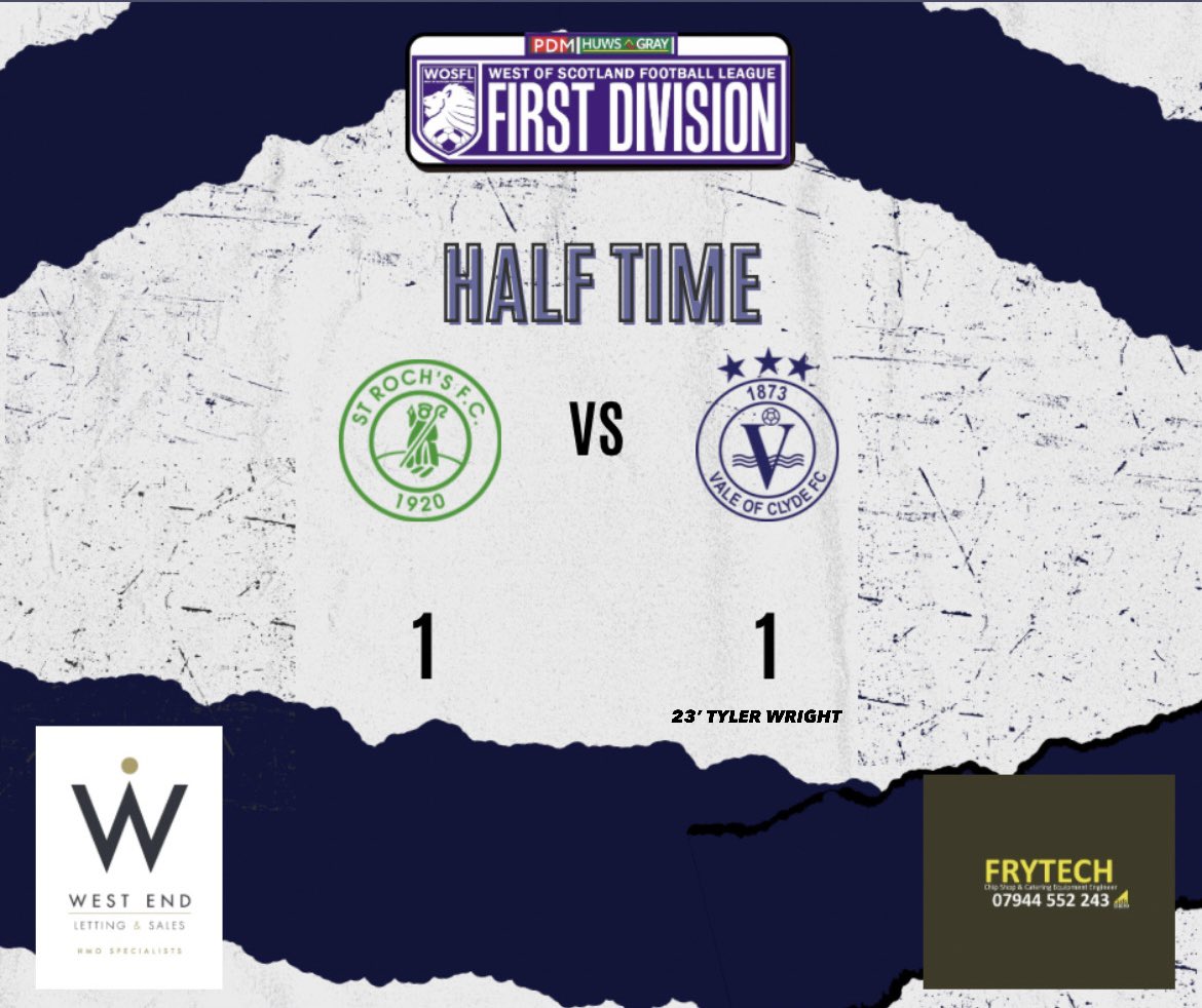 ValeOfClydeJnrs's tweet image. Half time in the Garngad, and it’s all square at 1-1 at the interval, after a frantic first 45 minutes! After dealing with a couple of half chances from the hosts, the vale took the lead through a wonderful Tyler Wright finish. 

The Roch reacted instantly and grabbed an…