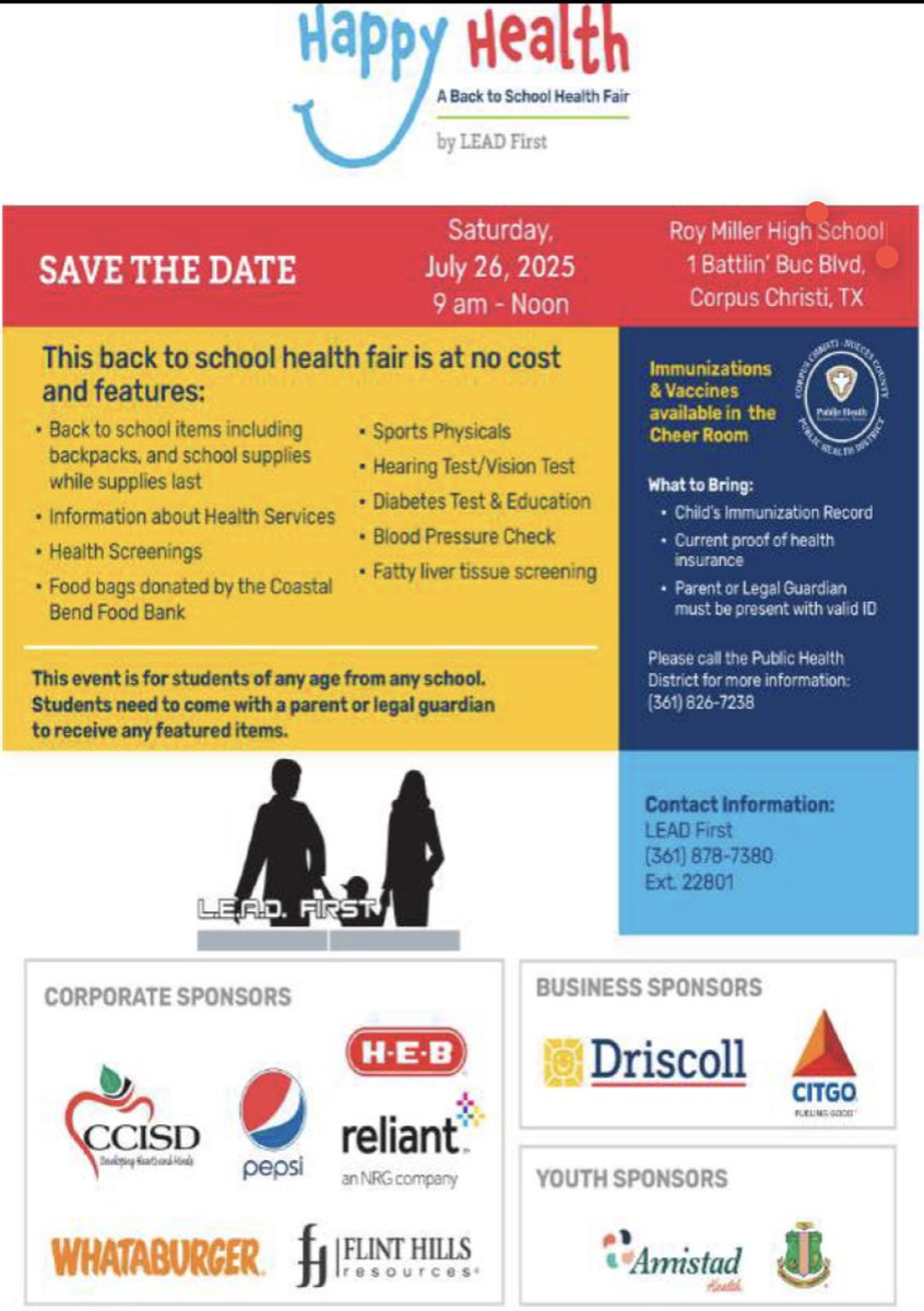 r0hernandez's tweet image. Today’s the day! 👇🏻👇🏻👇🏻
Come join us for the L.E.A.D First Back to School Health Fair and get your students all their supplies, backpacks, and more for the first day of school. See you at Miller High School from 9:00 to 12:00. Thank you to our INCREDIBLE sponsors!