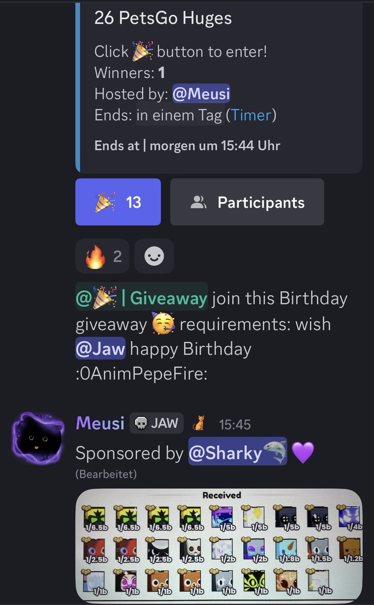 Meusi81's tweet image. Today is a special day,
Our Server Owner @jawrbx has birthday today 🥳💜
Drop your Birthday wishes here to show some love 🥳
you are all invited to join these great giveaway!
discord.gg/At26QvAy
1 titanic, petsGo huges, and exclusive eggs 🔥🔥
Thanks to the generous…