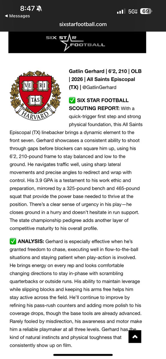 GatlinGerhard's tweet image. Appreciate this write-up from @sixstarfootball and their evaluation of me from the @HarvardFootball camp. @ScottLarkee @Coach_Aurich @CoachJimJackson @Ryan_Kalukin 
@lettermans_ptf 
@PTFFootball