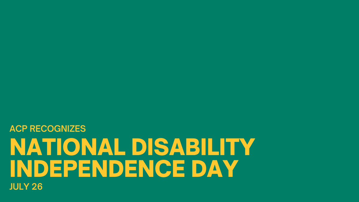 ACPIMPhysicians's tweet image. ACP recognizes National Disability Independence Day, which commemorates the signing of the Americans with Disabilities Act. ACP is proud to be an equal opportunity employer and as internal medicine physicians, we strive to have a more equitable and accessible future for all.