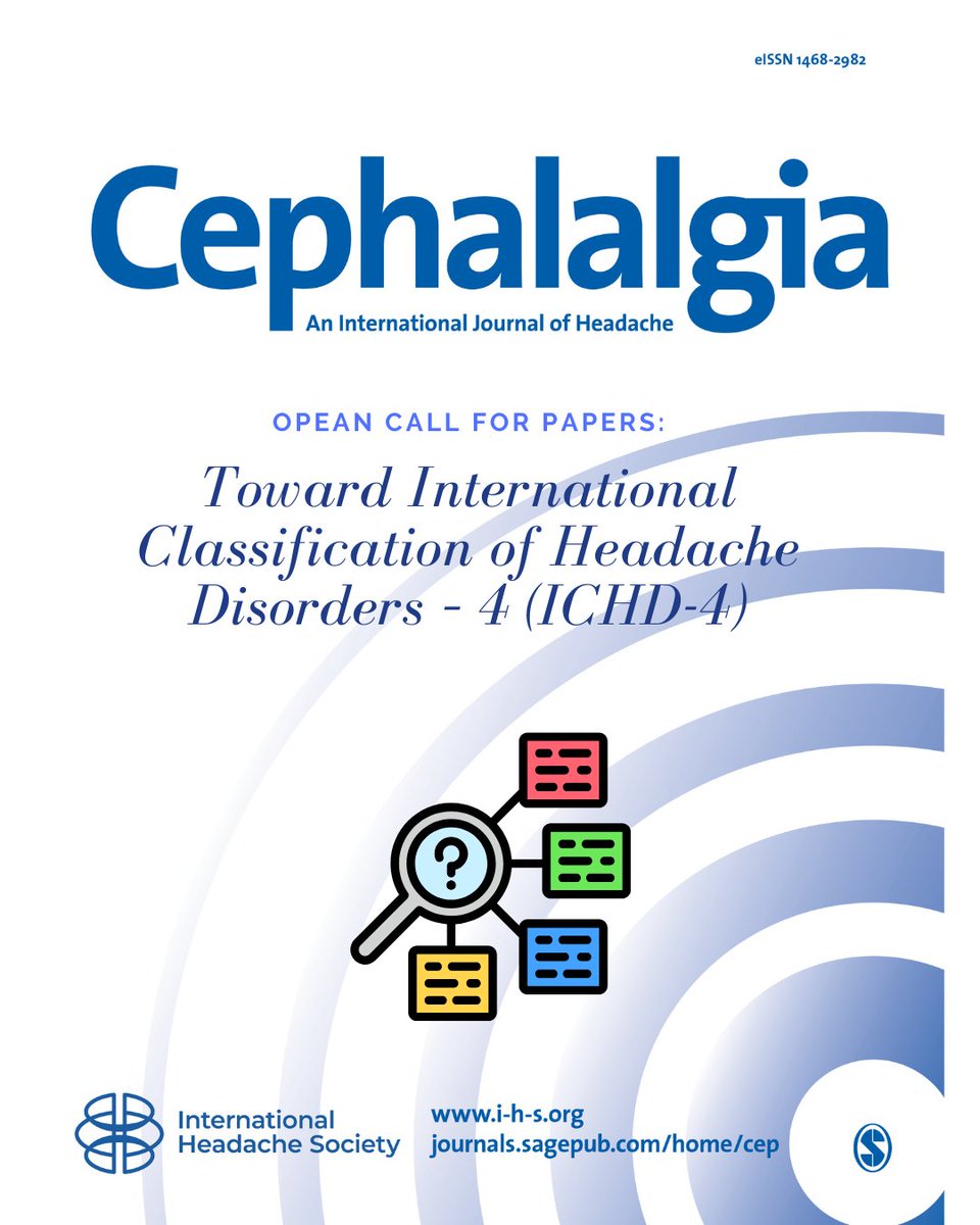 ihs_official's tweet image. ✨🧠 New Topical Collection in Cephalalgia! ✨🧠
"Toward International Classification of Headache Disorders – 4 (ICHD-4)"
📍OPEN TO SUBMISSIONS
As we look ahead to the next edition of the ICHD, this collection invites high-level contributions to address current limitations,…