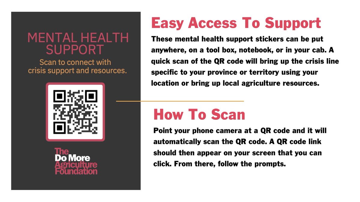 domoreag's tweet image. 📌 Support that sticks—literally.
Our Mental Health Support sticker connects you directly to mental health tools, peer support, and crisis lines through a quick-scan QR code. It’s a simple way to make help more visible and accessible—on the farm, in the shop, or at home.
🧡 Add…