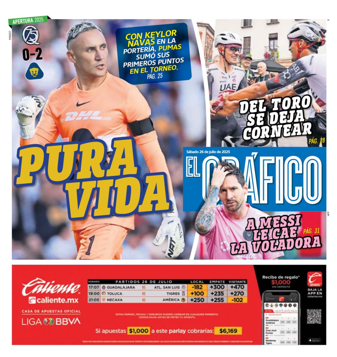 elgmx's tweet image. ¡Buenos días!☀️
Feliz sábado para todos los lectores de #ElGráfico. 😎
Esta mañana en la portada:
Pura vida con Keylor Navas y su primera portería en 0s con Pumas. 🐾
