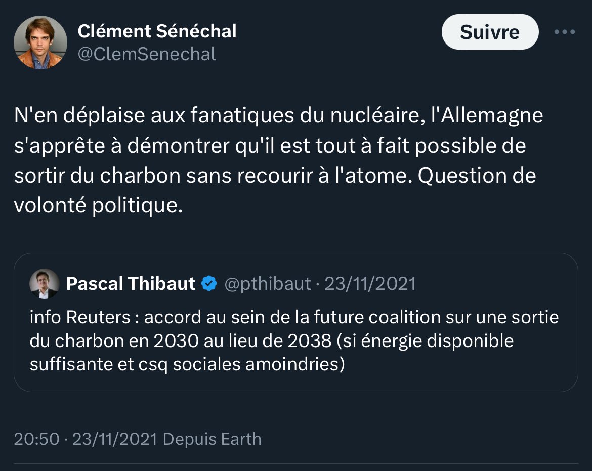 __phiphou__'s tweet image. Durant les 365 derniers jours, le charbon utilisé pour produire l'⚡️électricité 🇩🇪allemande a rejeté dans l'atmosphère 112.19 millions de tonnes de 🏭CO2 (+ les particules fines).
En 🇫🇷France, sur la même période, le charbon a généré 630008 tonnes de CO2, soit 178 fois moins.