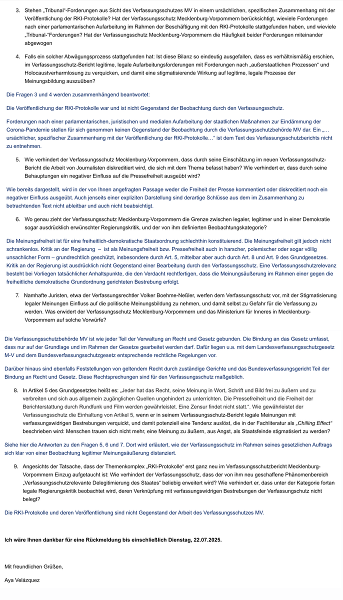 Der Verfassungsschutz Mecklenburg-Vorpommern, der in seinem neuen VS-Bericht 2024 eine "Aufarbeitung der RKI-Protokolle" erwähnte, und diese mit Tribunalforderungen und Holocaustverharmlosung in Verbindung brachte, hat nun auf meine Presseanfrage geantwortet. Auf einmal ist