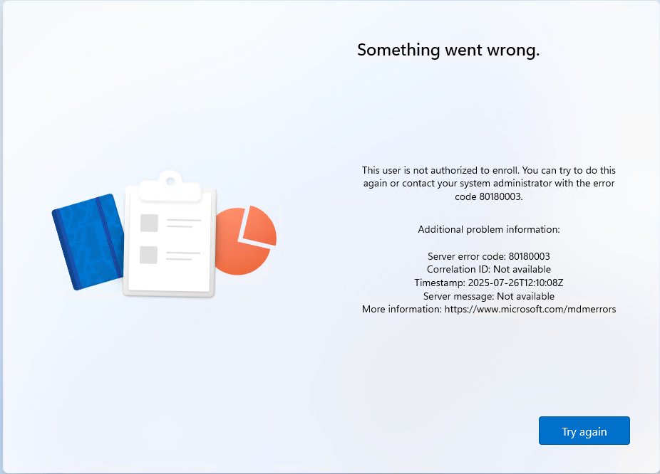 Autopilot - this user is not authorized to enroll (80180003) gerryhampsoncm.blogspot.com/2025/07/autopi… #Autopilot #Intune #M365 #Entra #MVPBuzz