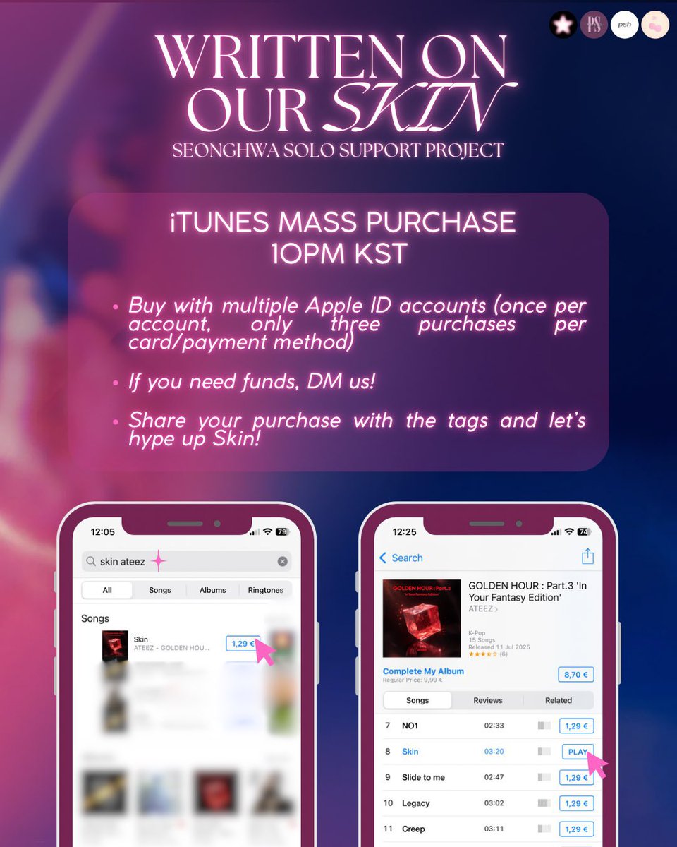 seonghwabase's tweet image. SKIN iTUNES MASS PURCHASE
ATINYs, our first mass purchase starts at 10PM KST❗️
Prepare your Apple IDs!
If you need funds:
EU TINYs: DM @_SeonghwaWorld_
US TINYs: DM @seonghwabase
If you’d like to donate and support the project for the remaining mass purchases (28 and 30 July):…