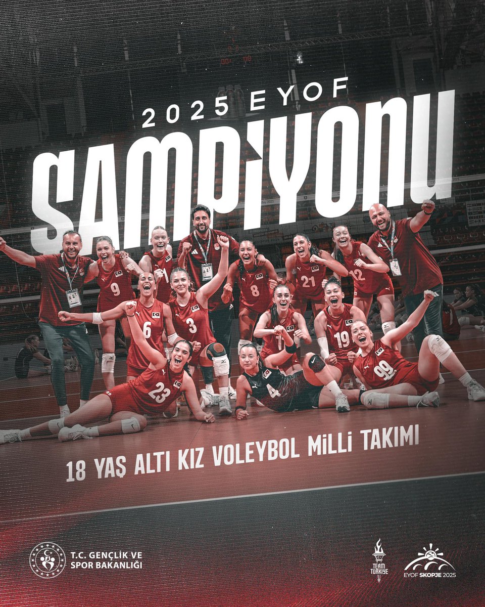 GENÇ SULTANLAR ŞAMPİYON!🇹🇷

🏐18 Yaş Altı Kız Voleybol Milli Takımımız, Üsküp 2025 Avrupa Gençlik Olimpik Yaz Festivali'nde (EYOF) İtalya'yı finalde 25-15, 19-25, 25-17 ve 26-24'lük setlerle 3-1 yenerek şampiyon oldu.💫

Harikasınız Kızlar!👏🏻

#TeamTürkiye #EYOF2025