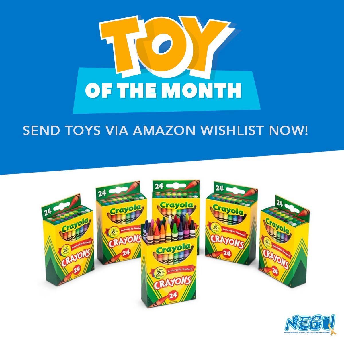 TeamNEGU's tweet image. [Toy of the Month] 🖍️🖍️ We still need help with 24-count Crayola Crayons. We put Crayons in almost all of our JoyJars. Major retailers like Staples and Target have them on sale for as low as $0.50? If Mailed to:

Jessie Rees Foundation
9 Studebaker
Irvine, CA 92618

Thank you!