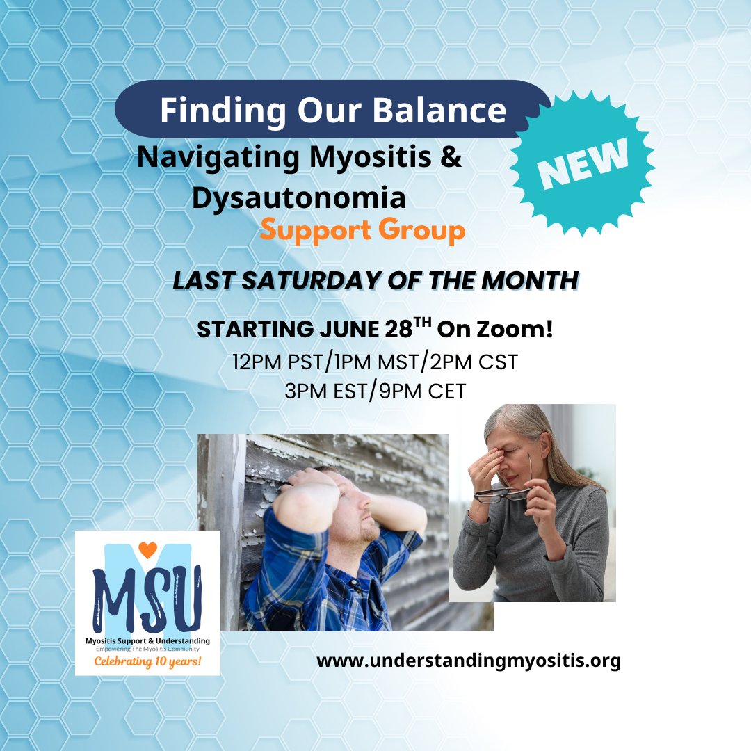 Myositis Support and Understanding (MSU) (@myositissupport) on Twitter photo 💫STARTING TODAY! Finding Our Balance: Navigating Myositis & Dysautonomia Together. Are you living with Myositis and have also been diagnosed with some form of Dysautonomia or suspect you may have it? You're not alone! RSVP below and reserve your spot! 
us02web.zoom.us/meeting/regist… 💫STARTING TODAY! Finding Our Balance: Navigating Myositis & Dysautonomia Together. Are you living with Myositis and have also been diagnosed with some form of Dysautonomia or suspect you may have it? You're not alone! RSVP below and reserve your spot! 
us02web.zoom.us/meeting/regist…