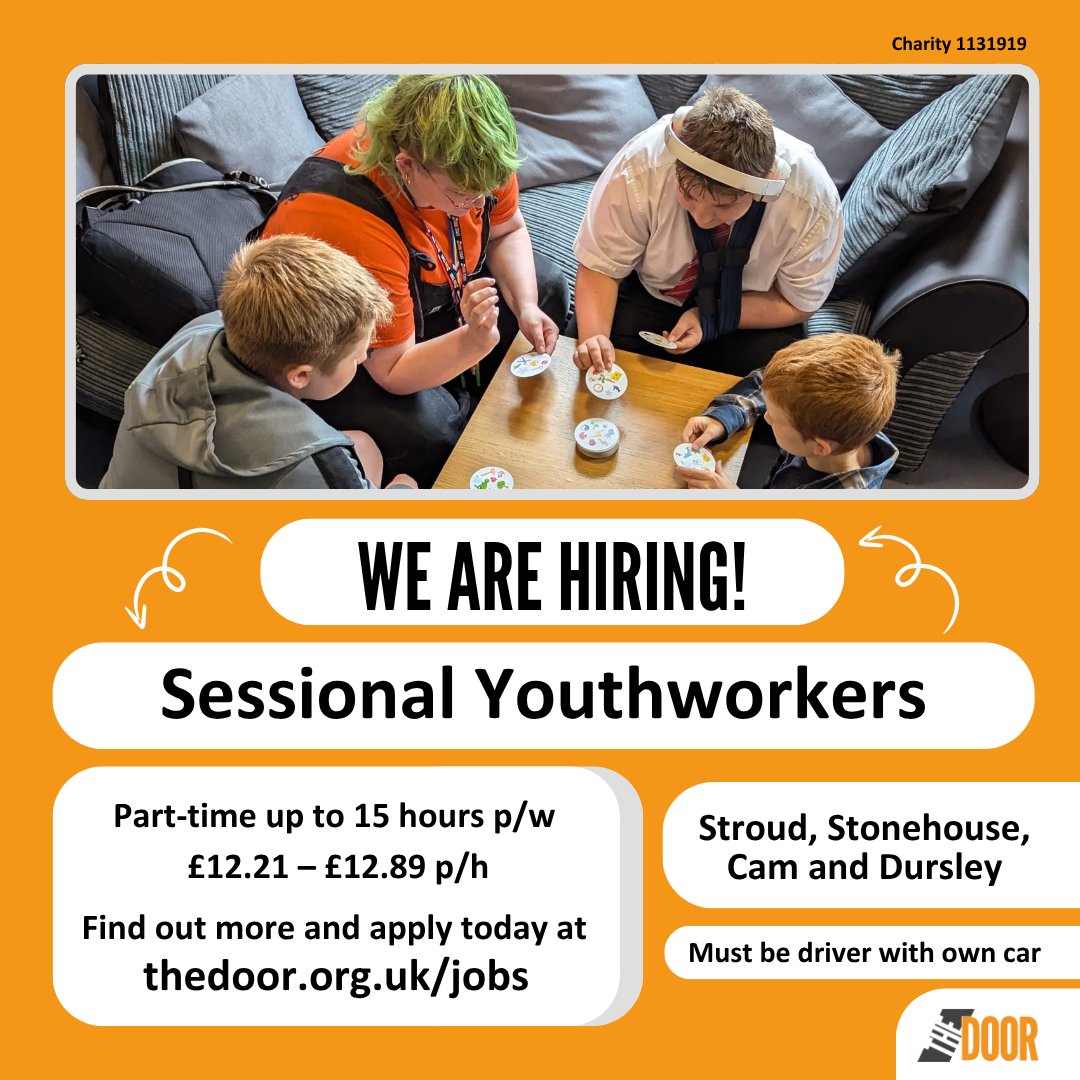 JOIN OUR TEAM - Could you be our next Sessional Youthworker in Stroud, Stonehouse, Cam and Dursley? Find out more and apply today at thedoor.org.uk/about/jobs/