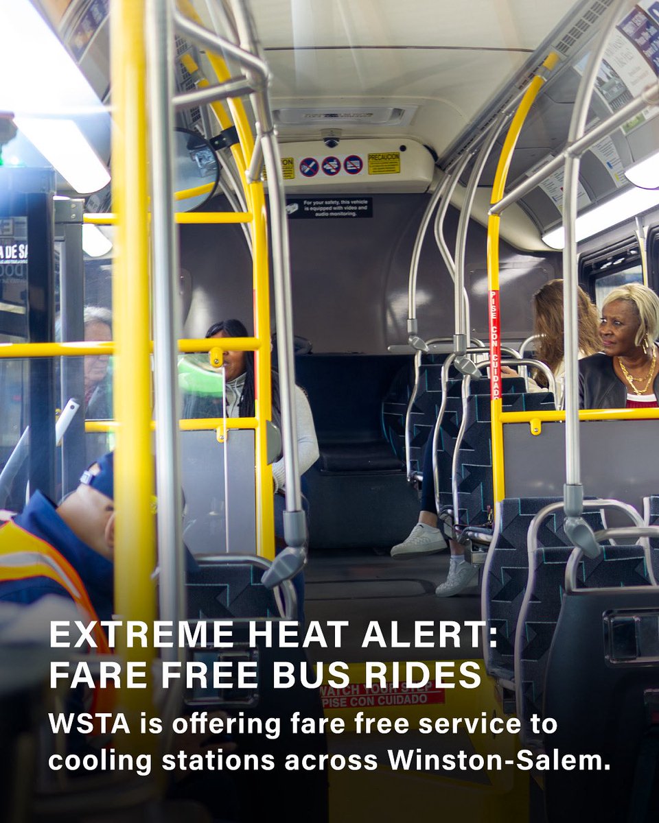 CityofWS's tweet image. 🚌 WSTA is offering temporary FARE FREE fixed-route bus service during designated hours to help you get to cooling stations across Winston-Salem. Just let your driver know you’re headed to a cooling station!
For routes and hours, visit wstransit.com or call…
