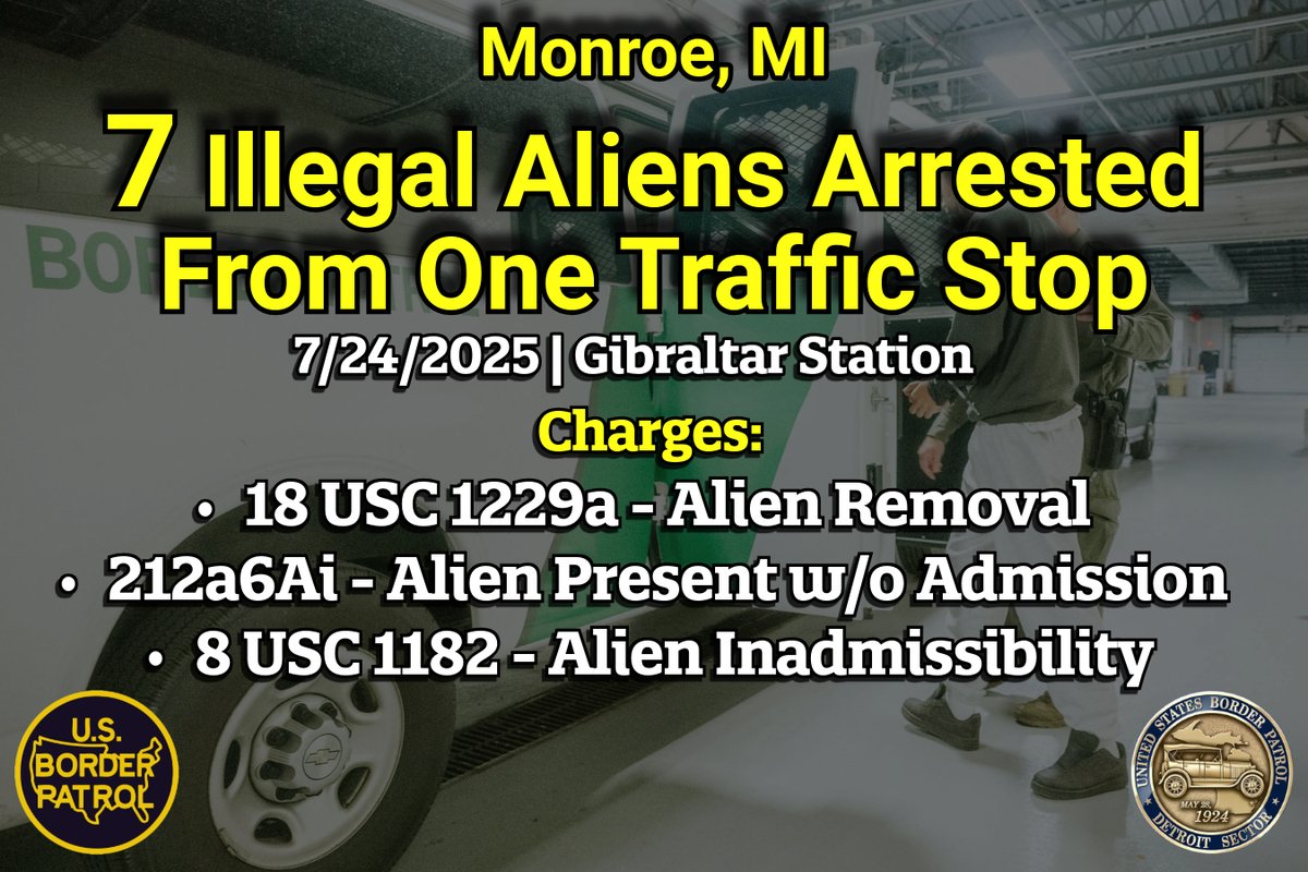 USBPChiefDTM's tweet image. Gibraltar Station agents, with law enforcement partners, arrested 7 illegal aliens from Honduras and Guatemala during a traffic stop on Thursday. The 7 subjects are being processed for removal from the United States. 

#DetroitSector #BorderPatrol #BorderSecurity