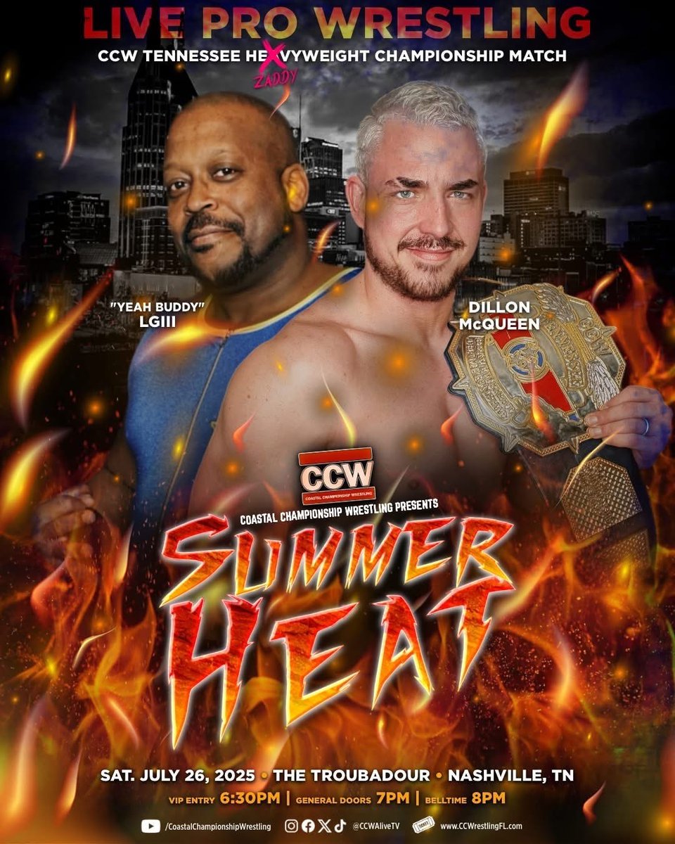 CCWAliveTV's tweet image. CCW TENNESSEE TITLE MATCH - Tonight in Nashville, TN π₯ @DillonMcQueen defends against LG3 at SUMMER HEAT!!!
ποΈ CCWTix.com