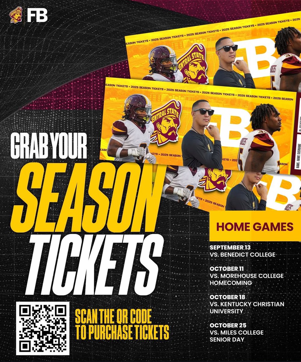 CentralState87's tweet photo. 🎟️ SEASON TICKETS ARE LIVE! 🏈
Lock in your seat. Rep your year. Be part of the legacy.
Scan the QR code or head to https://t.co/0RM1EYyKdR
#GoMarauders #MarauderNation #CSUFootball #SeasonTickets #HBCU #Centralstateuniversity
Edited · 16h https://t.co/tXGSnrwp8b