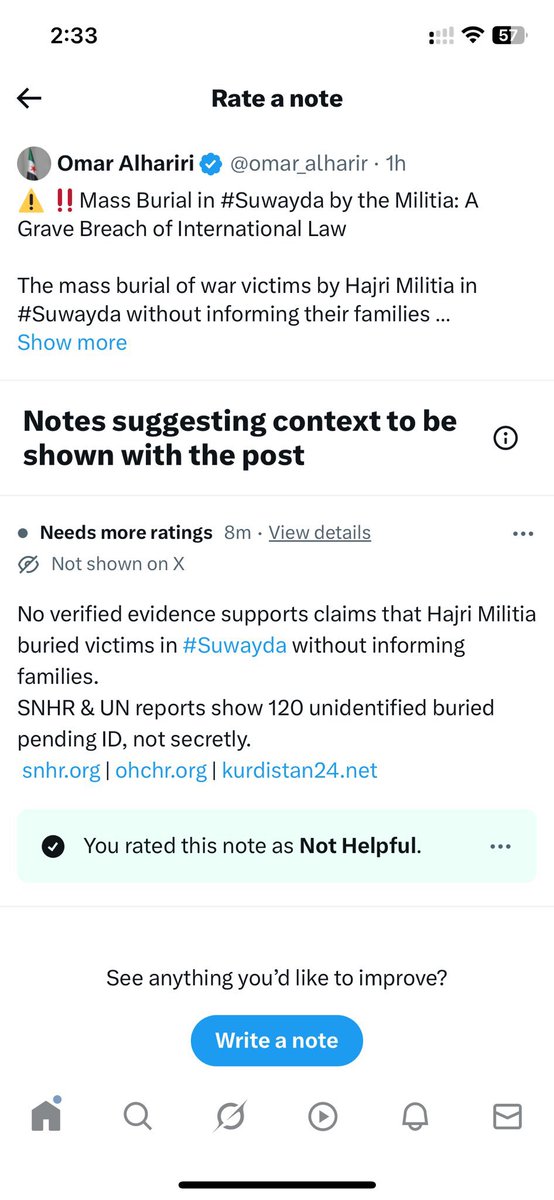محاولات مثيرة للشفقة من حسابات مرتبطة بـميليشا (قسد) لاستعمال ميزة “ملاحظات المجتمع” بهدف تضليل الرأي العام بمعلومات كاذبة، وتشويه الحقائق، والتستر على الجرائم التي ارتكبتها ميليشيات الهجري، وعلى فظاعة المقبرة الجماعية

Pathetic attempts by accounts linked to the (SDF) militia to