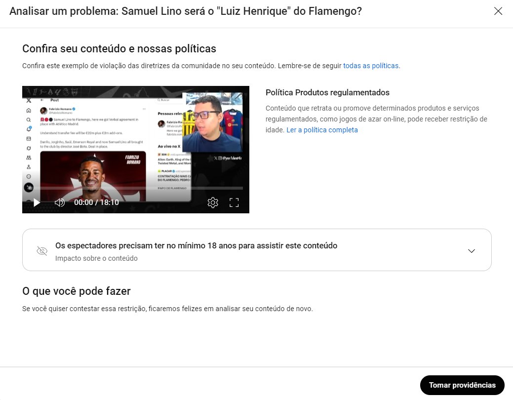 yur1dant4s's tweet image. Faço um vídeo falando sobe SAMUEL LINO e o YouTube me rouba a monetização dizendo que é conteúdo pra maior de 18 anos
Tá cheio de gente por aí divulgando casa de aposta, cassino, golpe, e eu que tô falando de um jogador de futebol que tomo restrição @YouTubeBrasil?