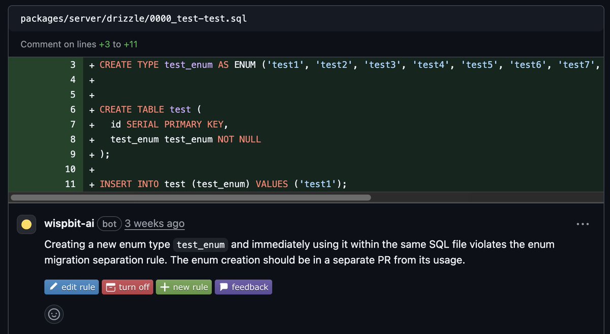 ilyatkcv's tweet image. Here's wispbit enforcing that migration files be written a certain way
Classic example of tribal knowledge that can be automated to reduce repetition in code reviews