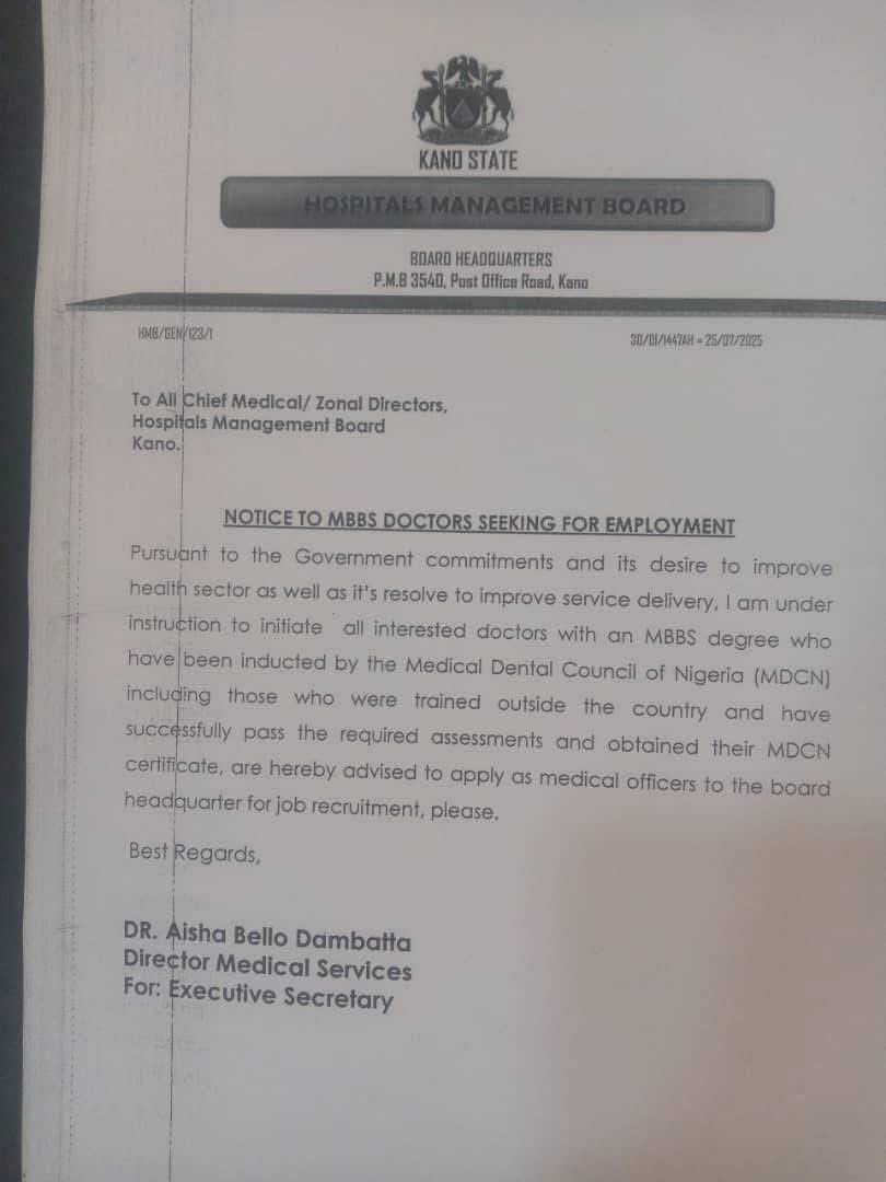 Kk_frontline's tweet image. Alhamdulillah. Gwamnatin Kano karkashin Jagorancin Alh. Abba K Yusuf zata dauki Likitoci a Asibitocin Kano.
Qualified Doctors should Apply at Kano State Hospitals Management Board.
#AbbaIsWorking.
