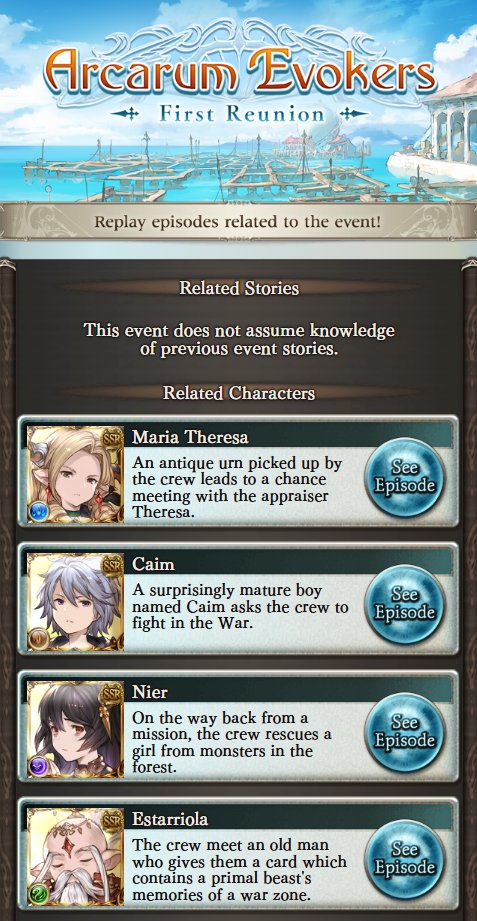 granblue_en's tweet image. While we were sleeping: the in-game preview for Arcarum Evokers: First Reunion is available in-game!
Multiple evokers are shown in their 5* uncap outfits, though the Related Stories section shows the first 4 fate episodes for each character and no later stories.