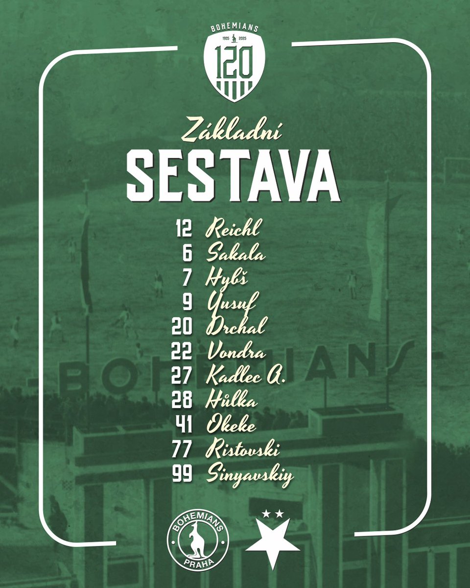 bohemians1905's tweet image. Do souboje o Vršovice vyšle trenérský štáb následující základní jedenáctku 👥
🔄 Náhradníci 👉 Frühwald, Šiman - Černý, Hrubý, Kadlec M., Kareem, Kukučka, Mikuda, Vala
⛔️ Čermák, Kovařík, Matoušek, Pleštil, Zeman
