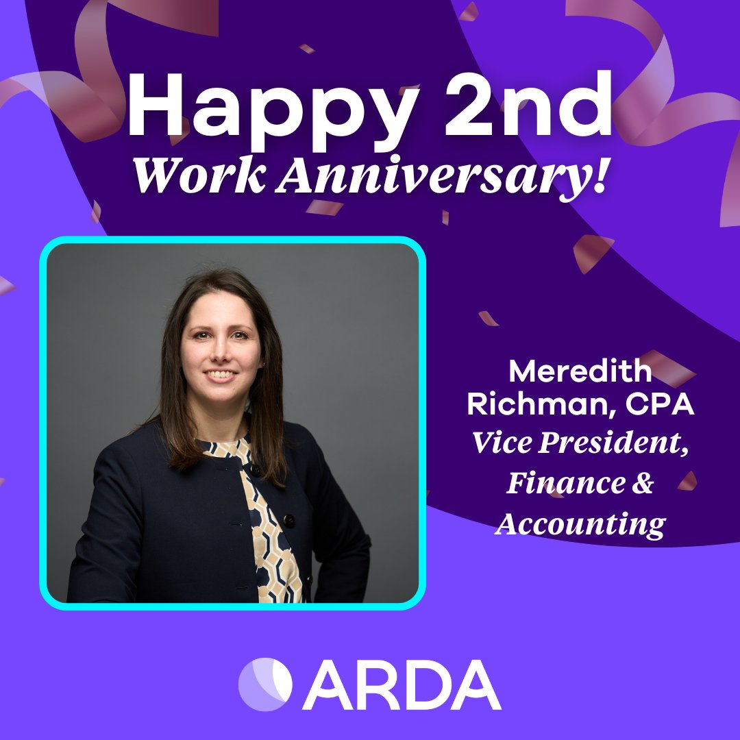 Please join us in celebrating Meredith Richman’s 2-year anniversary! As Vice President of Finance &amp; Accounting at ARDA, Meredith leads ARDA’s accounting team, oversees financial operations, and serves as staff liaison to the Audit and Investment Committees.