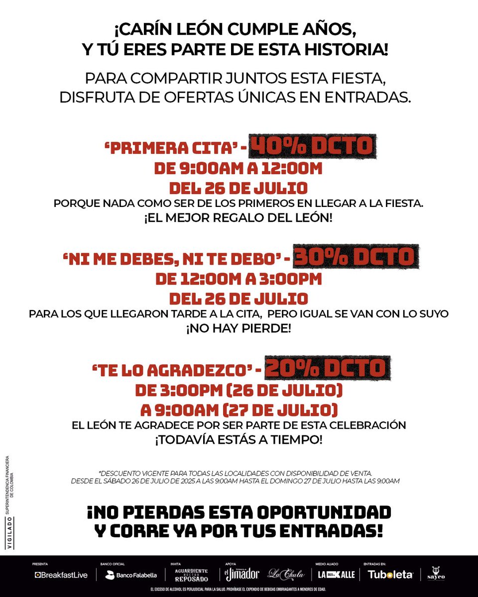Hoy está de cumpleaños Carin León y el regalo es para ti: ¡boletas con hasta el 40% de descuento para su show en El Campín! 🦁 

🎫 Entradas en Tuboleta.com