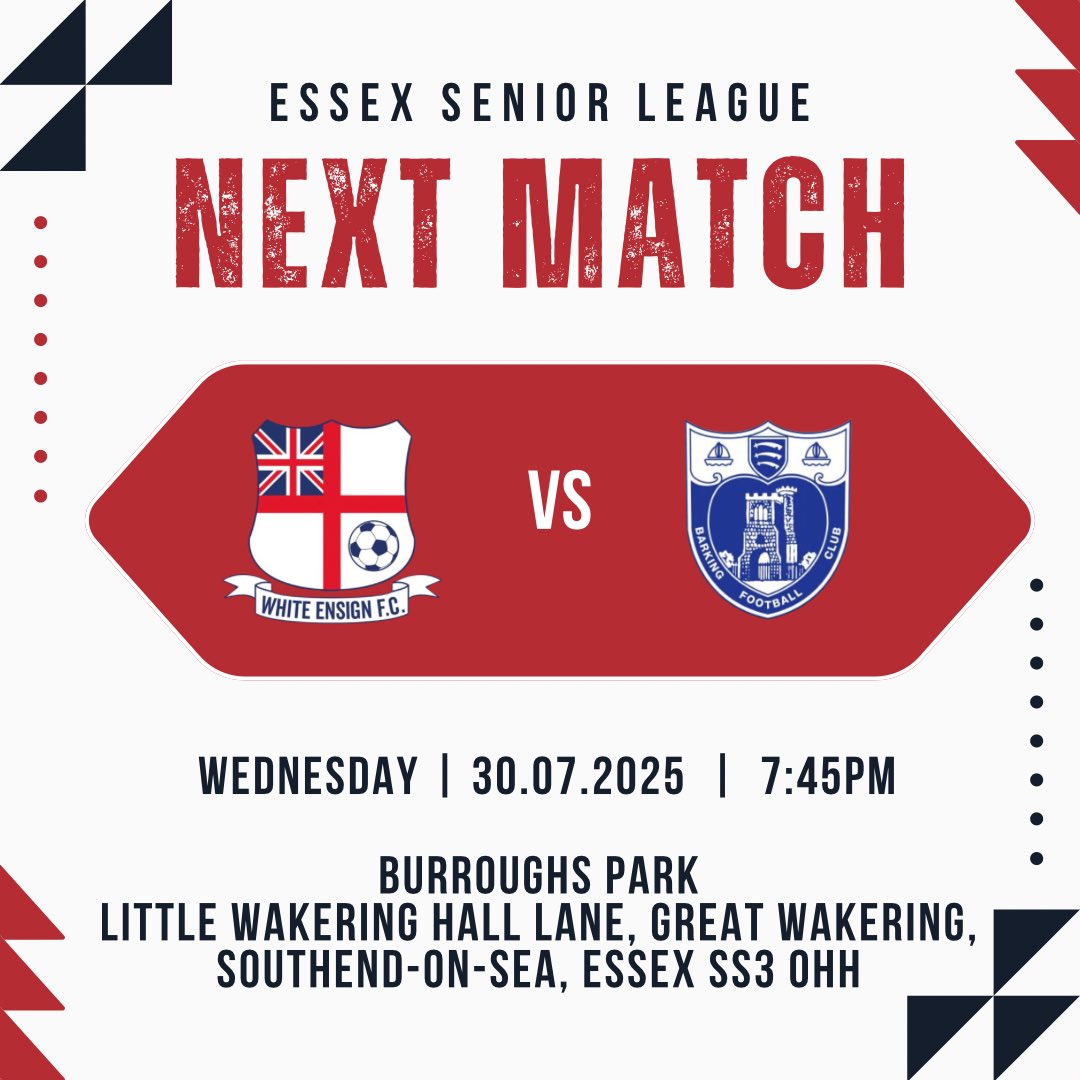 EnsignOfficial's tweet image. ⚽️ NEXT MATCH!! ⚽️
We shake it off and go again this Wednesday night as we play against Barking
🆚 @barkingfc
🏟️ Burroughs Park
📍 Great Wakering, SS3 0HH
🗓️ 30/07/25
⏰ 19:45
💷 £10 Adult
£6 Concession
£2 Children