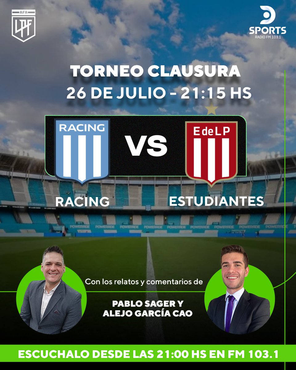 DSports Radio 103.1 FM (@dsportsradio) on Twitter photo 🔥 El plato fuerte del sábado está en Avellaneda y lo vivís en DSPORTS Radio FM 103.1, #ElSonidoDelDeporte.
Desde las 21, transmitimos #Racing - #Estudiantes, con los relatos de <a href="/Relatasager/">PabloSager🎙🐜⚽️🐎</a> y los comentarios de <a href="/alejogarciacao/">Alejo García Cao</a> 🔝 🔥 El plato fuerte del sábado está en Avellaneda y lo vivís en DSPORTS Radio FM 103.1, #ElSonidoDelDeporte.
Desde las 21, transmitimos #Racing - #Estudiantes, con los relatos de <a href="/Relatasager/">PabloSager🎙🐜⚽️🐎</a> y los comentarios de <a href="/alejogarciacao/">Alejo García Cao</a> 🔝