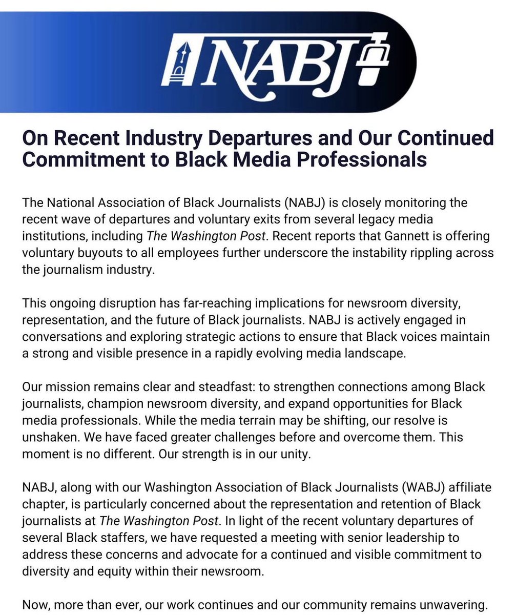 WABJ - Washington Association of Black Journalists (@wabjdc) on Twitter photo We are concerned about the representation and retention of Black journalists at the <a href="/washingtonpost/">The Washington Post</a> and have requested a meeting with senior leadership. We are concerned about the representation and retention of Black journalists at the <a href="/washingtonpost/">The Washington Post</a> and have requested a meeting with senior leadership.