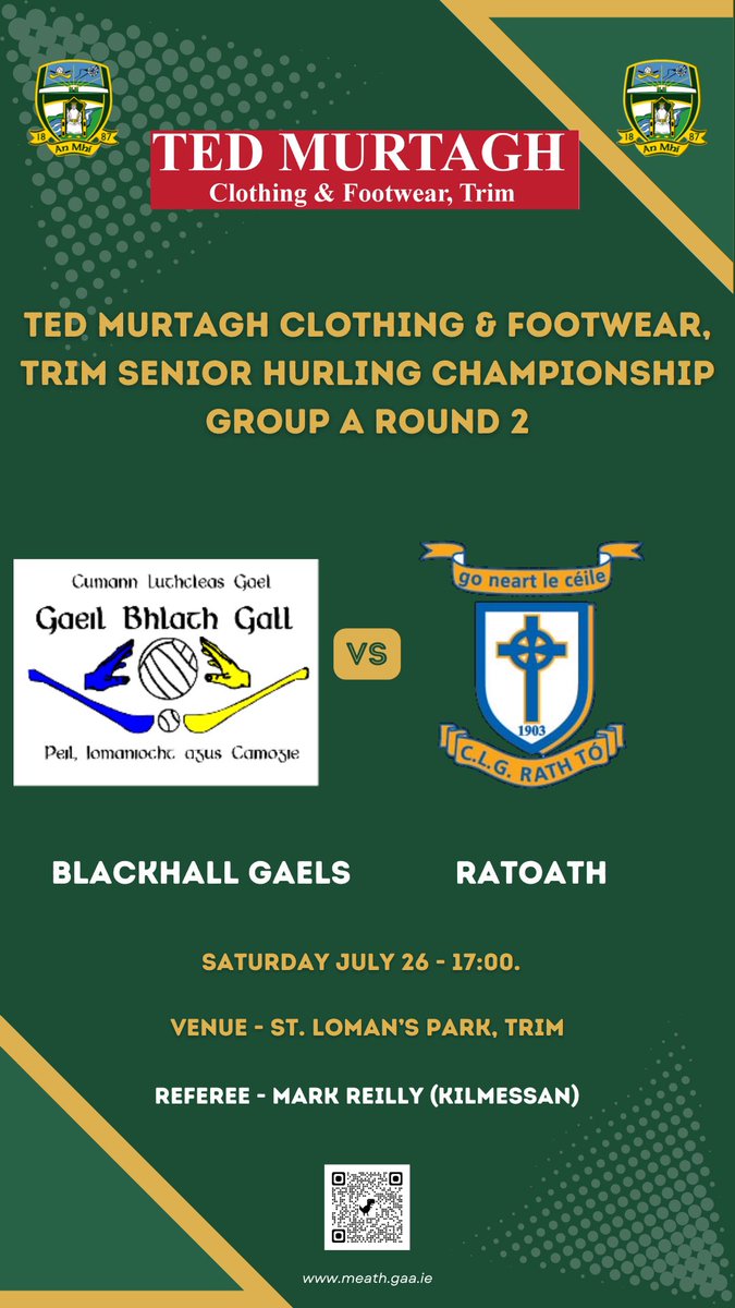 MeathGAA's tweet image. The @RatoathGAA team news for this evening’s @tedmurtaghstrim SHC game against @blackhallgaels.
There was no Blackhall Gaels panel received.
#MeathClubChamp25 #HistoryCalls