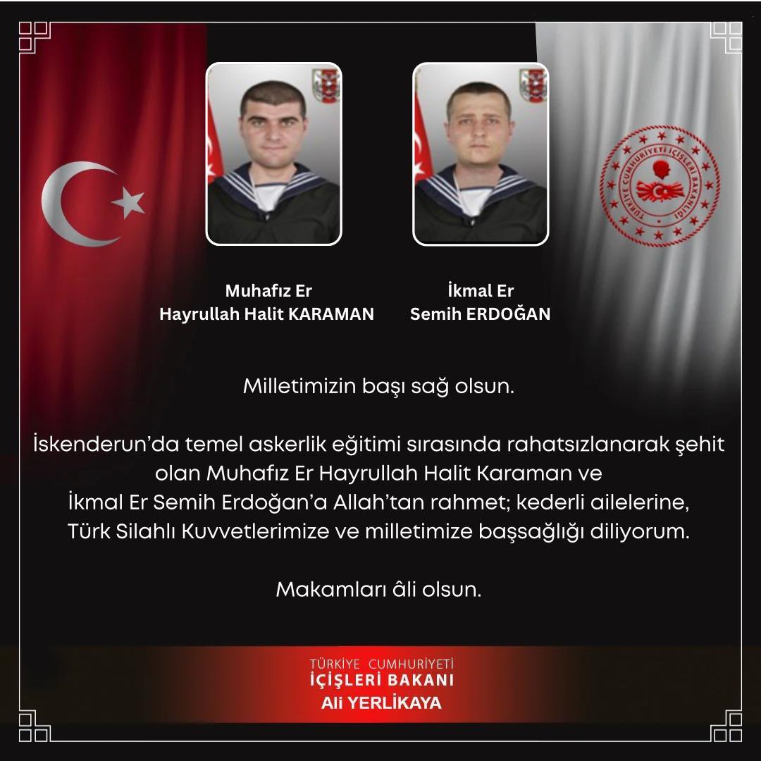 Milletimizin başı sağ olsun 🇹🇷

Hatay İskenderun’da yüksek ateş şikayetiyle rahatsızlanarak hastaneye sevk edilen  Muhafız Er Hayrullah Halit Karaman ve İkmal Er Semih Erdoğan, tüm müdahalelere rağmen kurtarılamayarak şehit oldu.

Şehitlerimize Allah’tan rahmet, kederli
