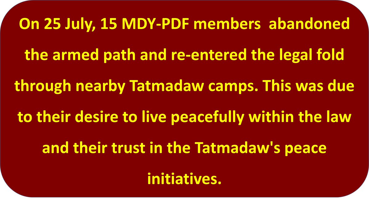 LauHonMeng's tweet image. 15 MDY-#PDF members who understand the Tatmadaw's Peace Process Return to Legal Fold #MyanmarFactCheck #WhatsHappeningInMyanmar @ViewsofMM22