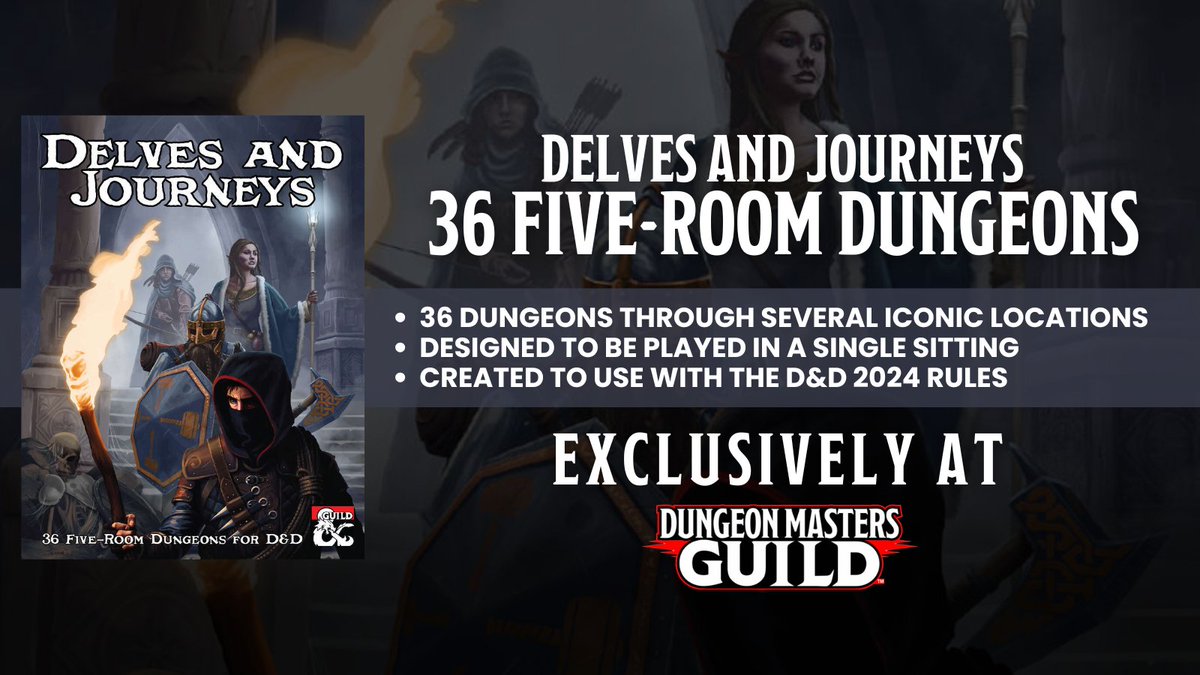 dms_guild's tweet image. Delves and Journeys: 36 Five-Room Dungeons for D&amp;amp;D is available now.

Get it here: tinyurl.com/yzxdhxh2

Adventures set in any number of memorable locations (not necessarily dungeons) and designed to be played in a single sitting.
#dnd5e #dungeonsanddragons