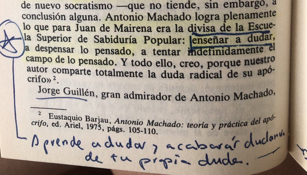 Enseñar a pensar bien.

Enseñar a dudar, a despensar lo pensado.

💡Sabidurías de Antonio  Machado.

(Del libro 'Claves de A. Machado', de Bernard Sesé. <a href="/editorialespasa/">Editorial Espasa</a>)

#150añosmachado