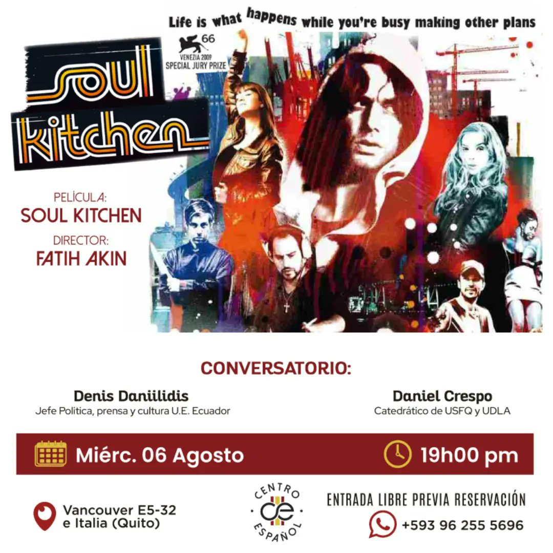centroespanolec's tweet image. 🔥 Música, caos, cocina y emociones a flor de piel.
🎬 Soul Kitchen se proyecta este miércoles 6 de agosto a las 19h00pm en el Centro de Español.
🎙️ Conversatorio con Denis Daniilidis (UE) y Daniel Crespo (USFQ/UDLA).
🎟️ Entrada libre con previa reservación al: +593 96 255 5696