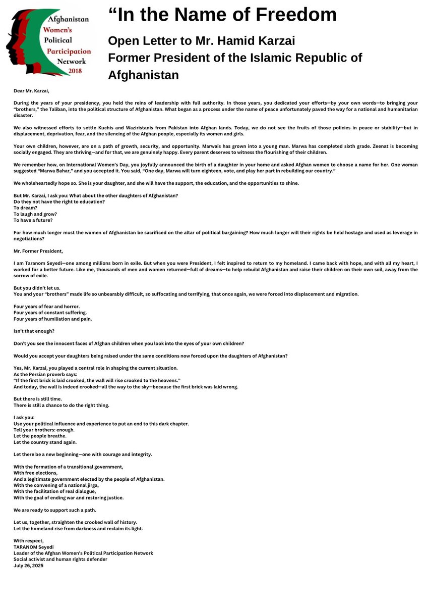 WomanProtesters's tweet image. نامهای شبکه مشارکت سیاسی زنان افغانستان به آقای حامد کرزی رئیسجمهور پیشین جمهوری اسلامی افغانستان