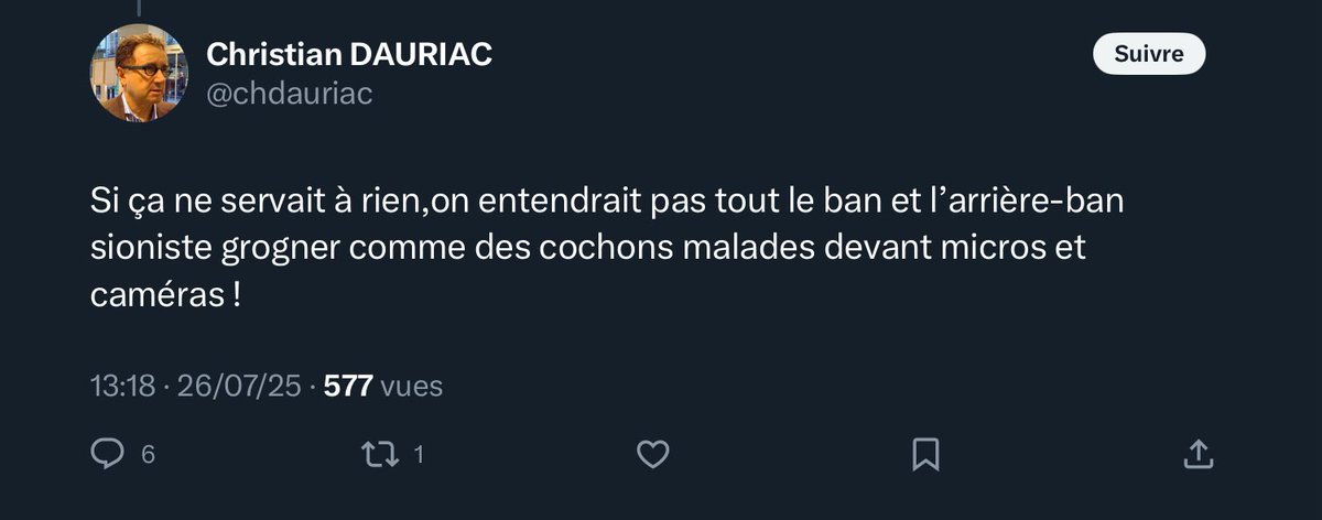 Après Schneidermann, c'est au tour d'un autre journaliste d'afficher son antisémitisme décomplexé à propos de la reconnaissance de la Palestine par la France (associer les juifs aux cochons, un classique du genre). Dauriac, une longue carrière dans le service public y compris la