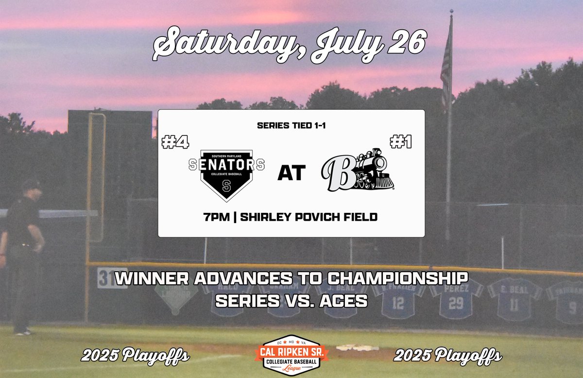 Cal Ripken Sr. Collegiate Baseball League (@calripkenleague) on Twitter photo Game 3 with a spot in the Championship Series on the line...
7PM #4 <a href="/GoSOMDSenators/">Southern Maryland Senators Collegiate Team</a> at #1 <a href="/GoBigTrain/">Bethesda Big Train</a> Game 3 with a spot in the Championship Series on the line...
7PM #4 <a href="/GoSOMDSenators/">Southern Maryland Senators Collegiate Team</a> at #1 <a href="/GoBigTrain/">Bethesda Big Train</a>