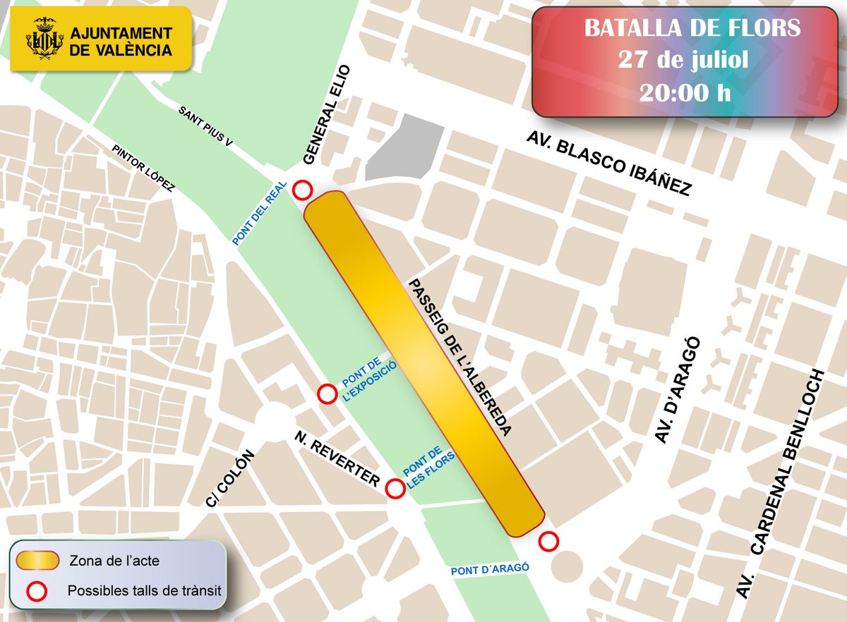 AjuntamentVLC's tweet image. ⚠️ Recordem els talls de @TransitValencia 🚧 i les prohibicions d'aparcar al passeig de l'Albereda ⛔️ amb motiu de la #BatalladeFlors 🌼 de @GranFeriaVLC que se celebra demà 🗓️
ℹ️ Consulta les afeccions 👉bit.ly/44NdtmE